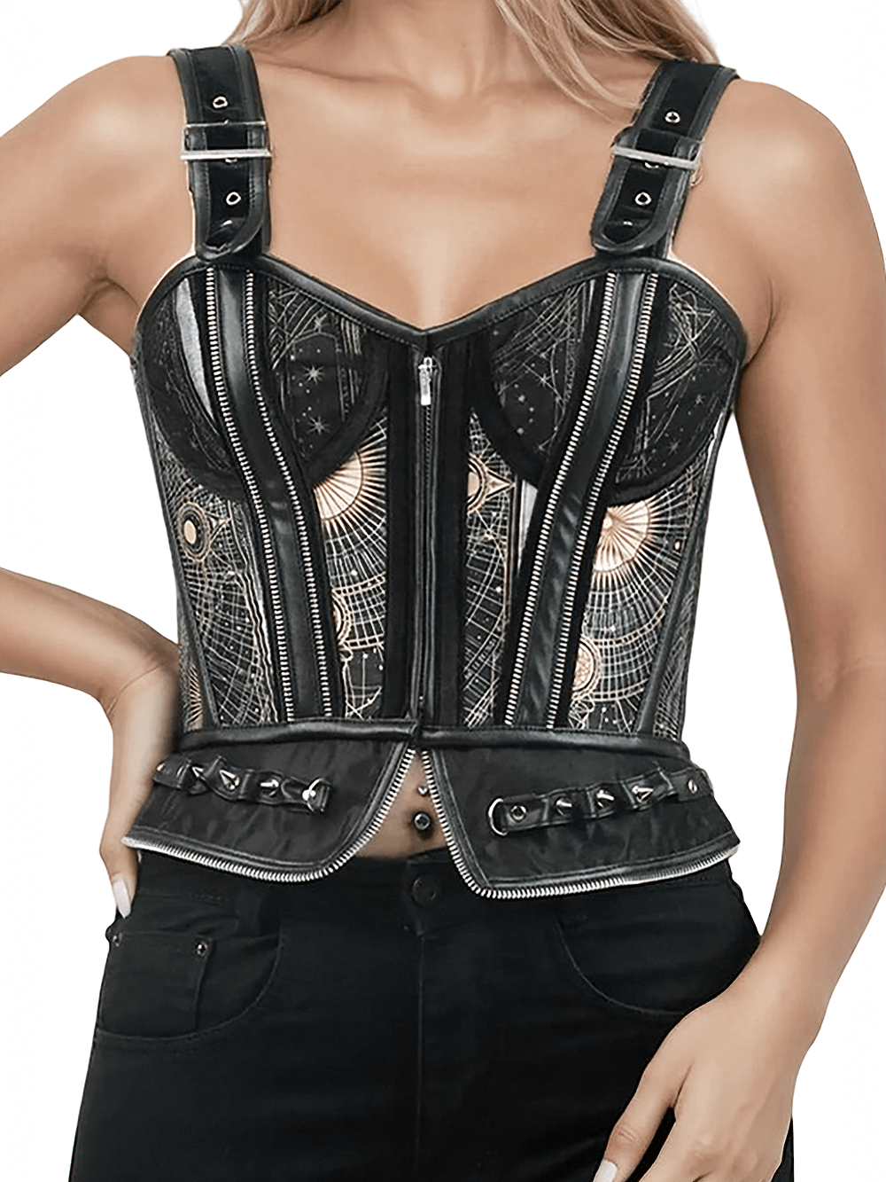 Chic Overbust Corset with Geometric Details and Zippers