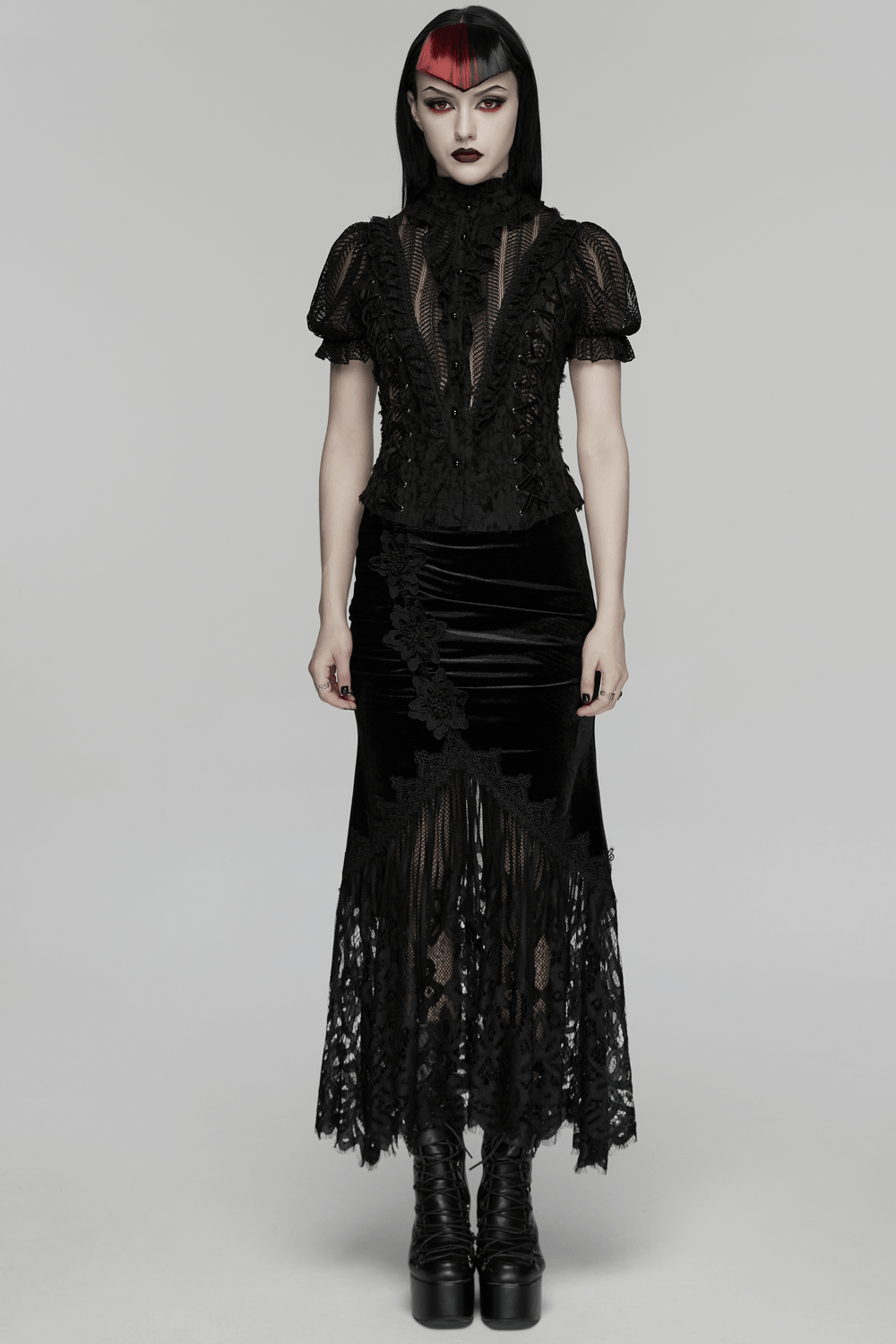 Chic Ruched Mermaid Lace Hem Gothic Long Skirt