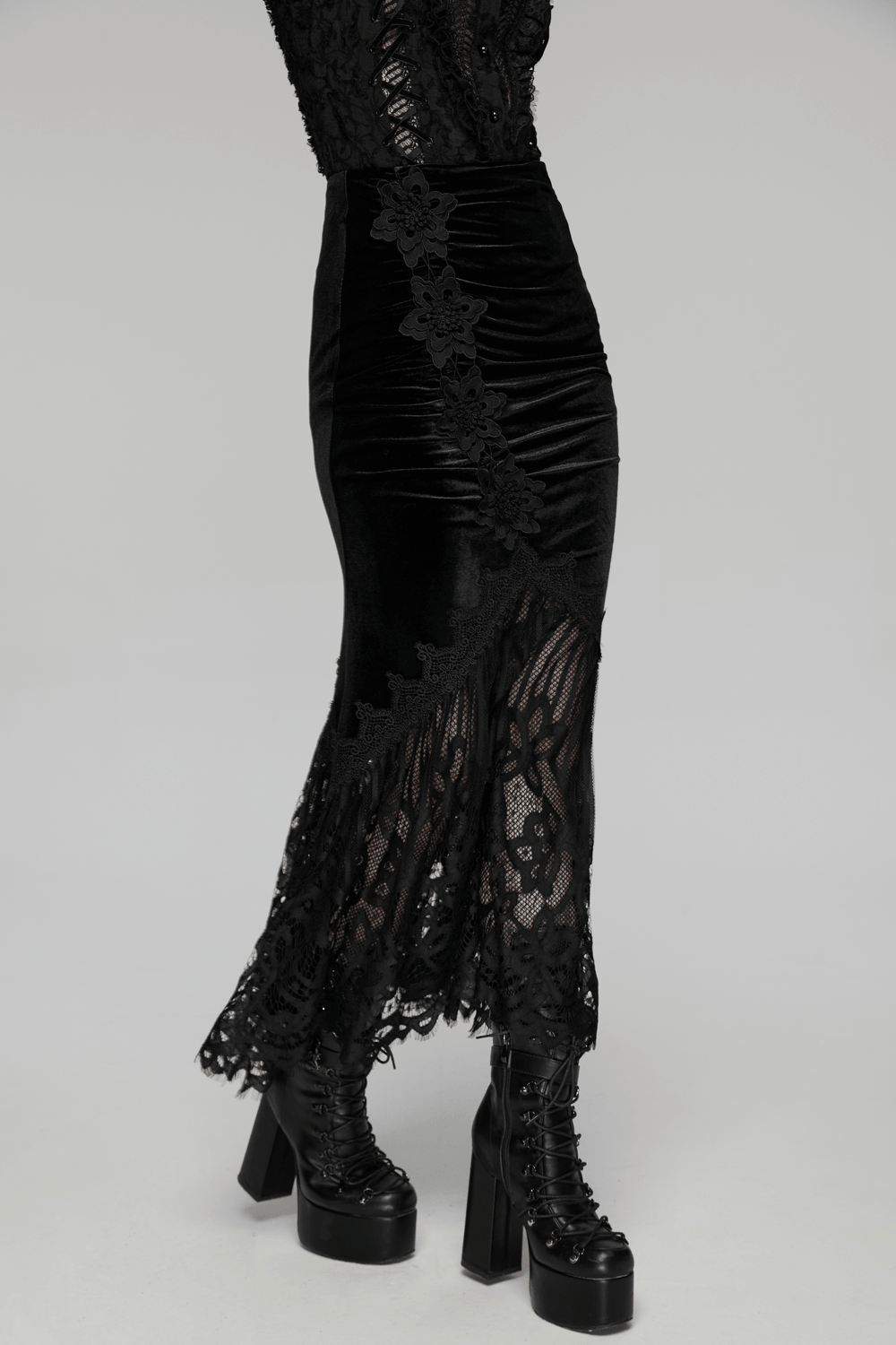 Chic Ruched Mermaid Lace Hem Gothic Long Skirt