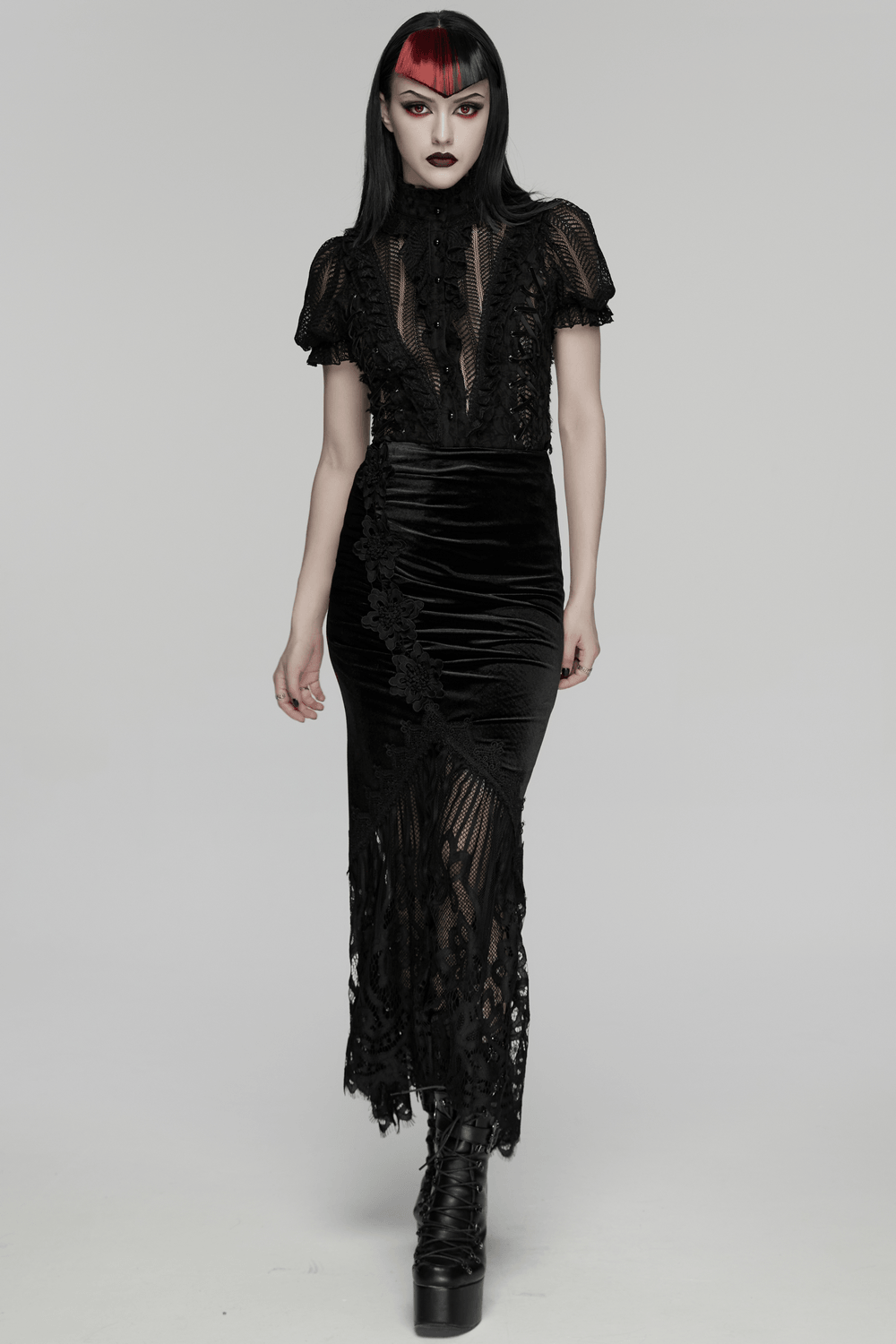 Chic Ruched Mermaid Lace Hem Gothic Long Skirt