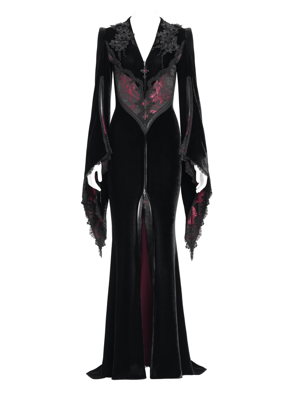Chic Velvet Evening Dress with Lace and Wine Red Accents