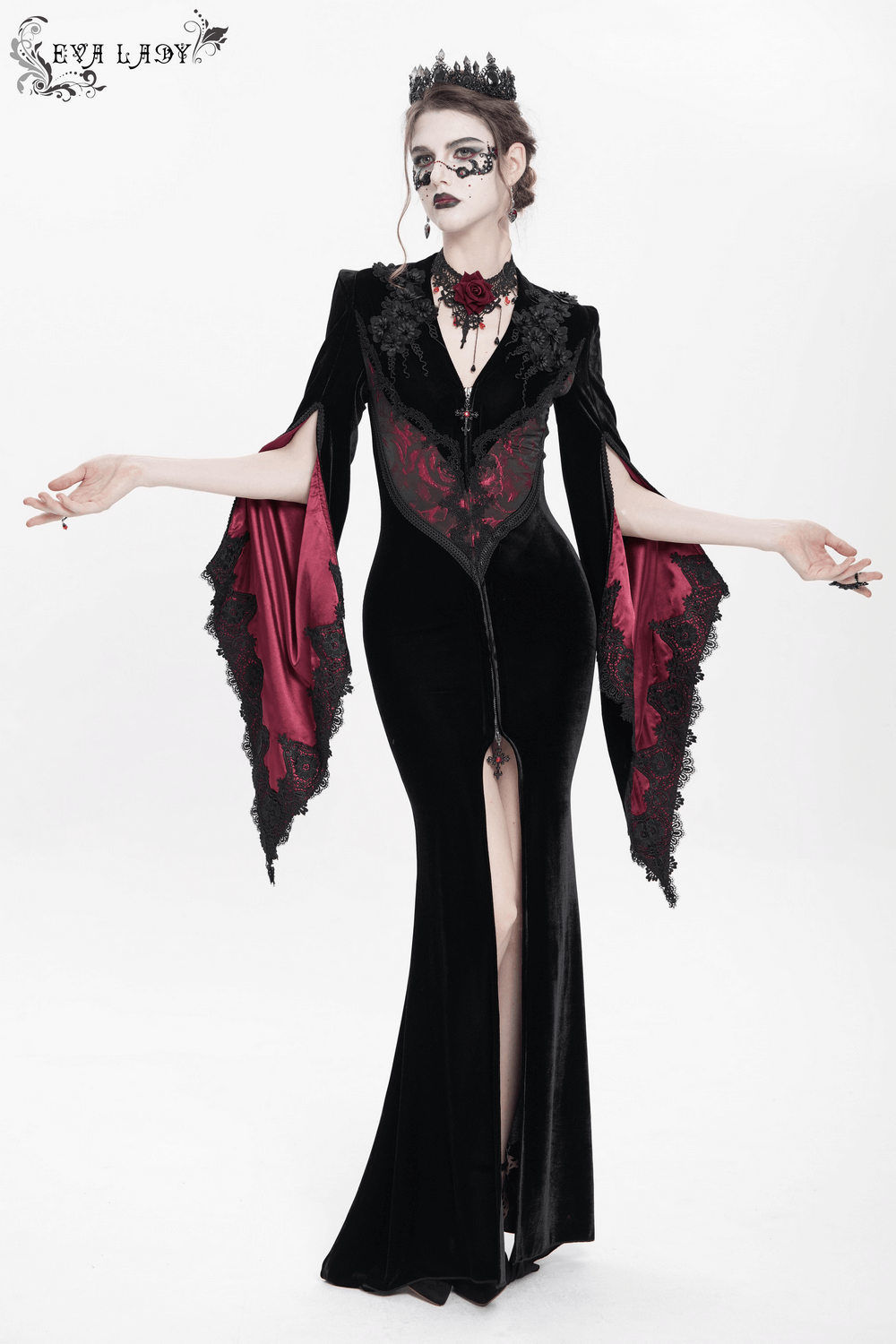 Chic Velvet Evening Dress with Lace and Wine Red Accents