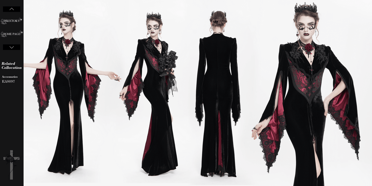 Chic Velvet Evening Dress with Lace and Wine Red Accents