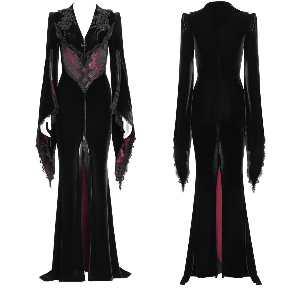 Chic Velvet Evening Dress with Lace and Wine Red Accents