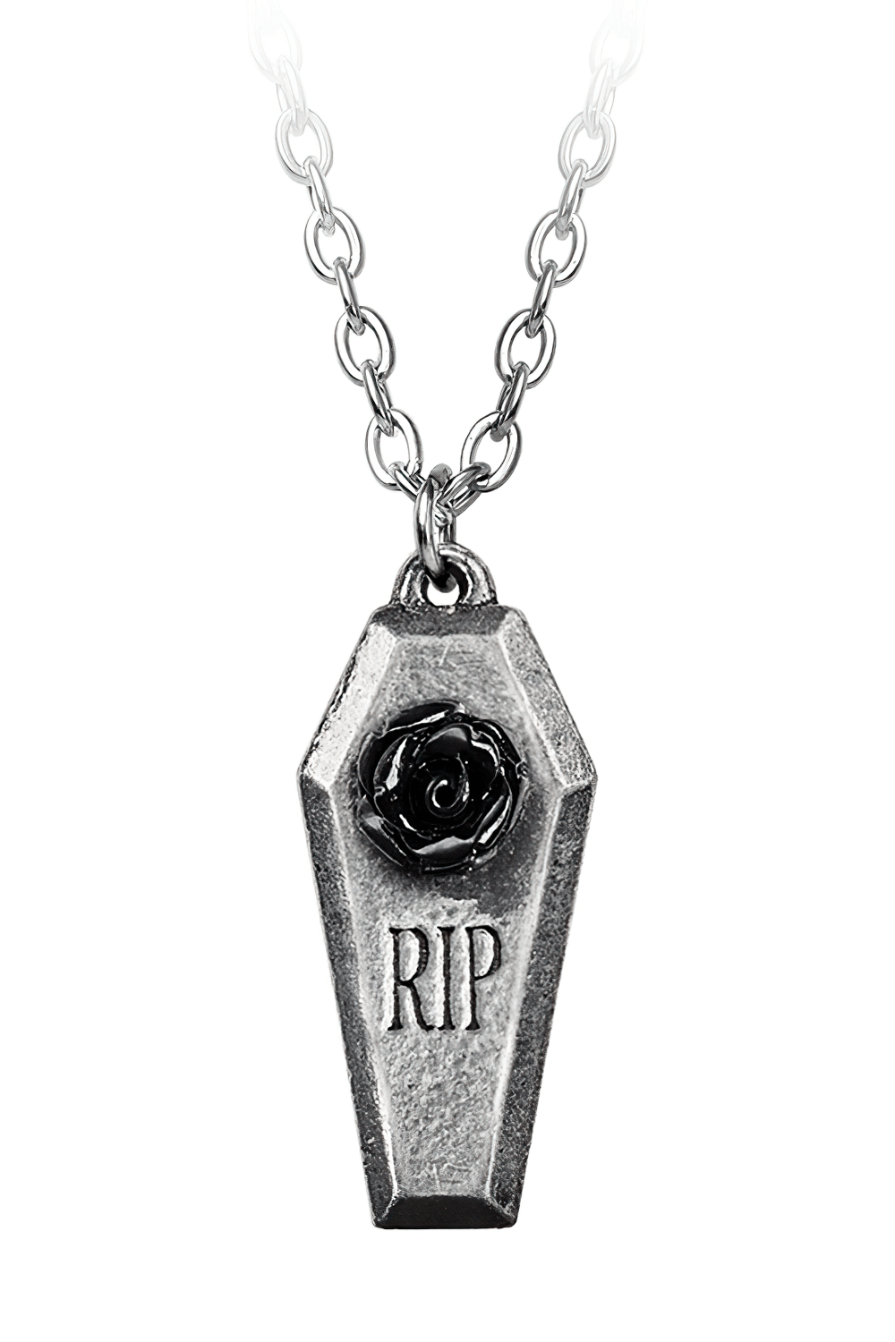 Coffin Pendant with Black Rose and RIP Detail