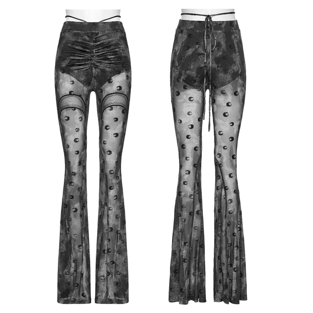 Crescent Moon Mesh Flare Pants with Pleated Waist Strap