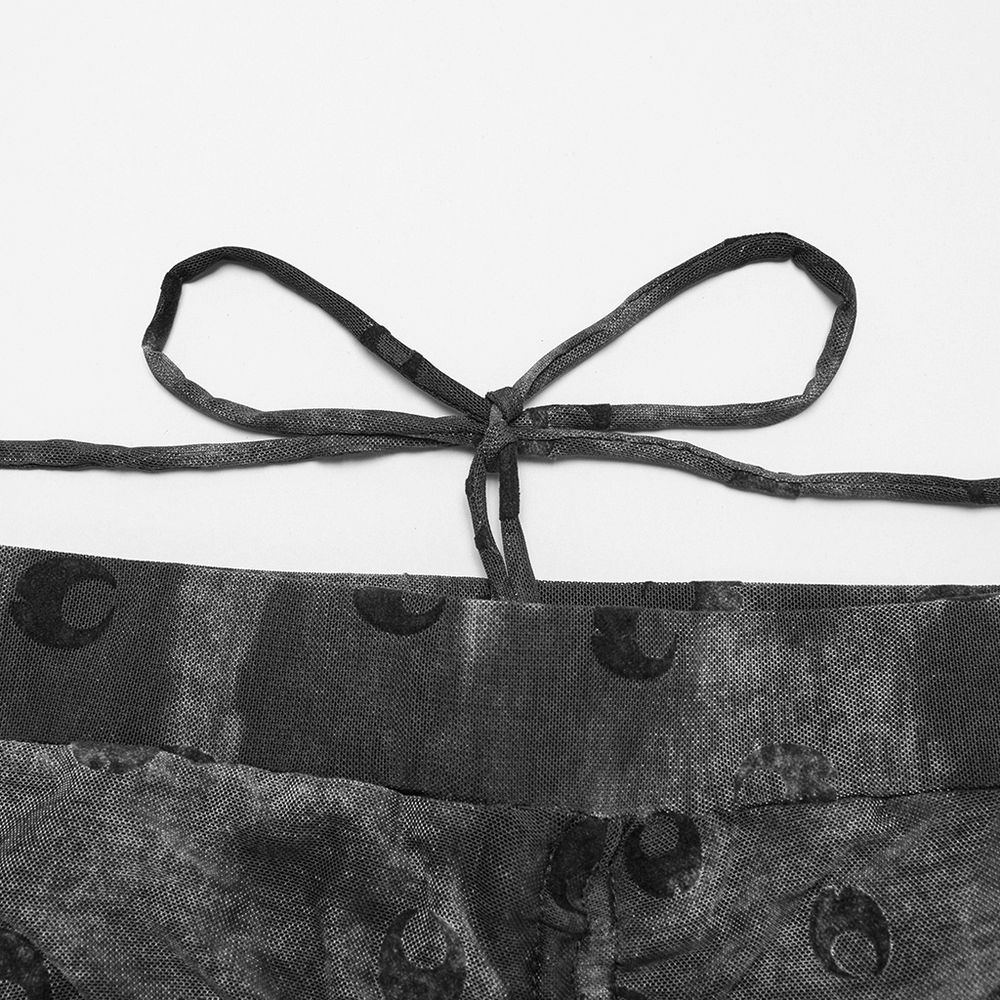 Crescent Moon Mesh Flare Pants with Pleated Waist Strap