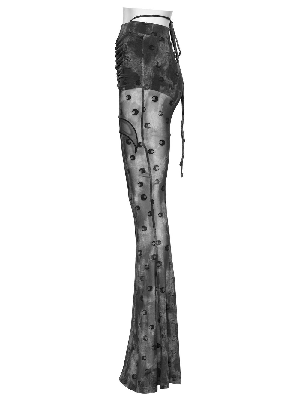 Crescent Moon Mesh Flare Pants with Pleated Waist Strap