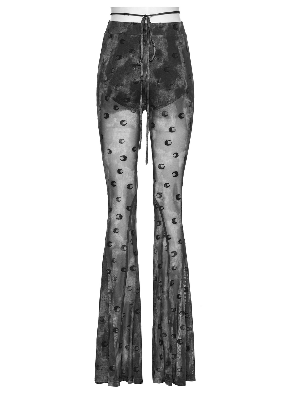 Crescent Moon Mesh Flare Pants with Pleated Waist Strap