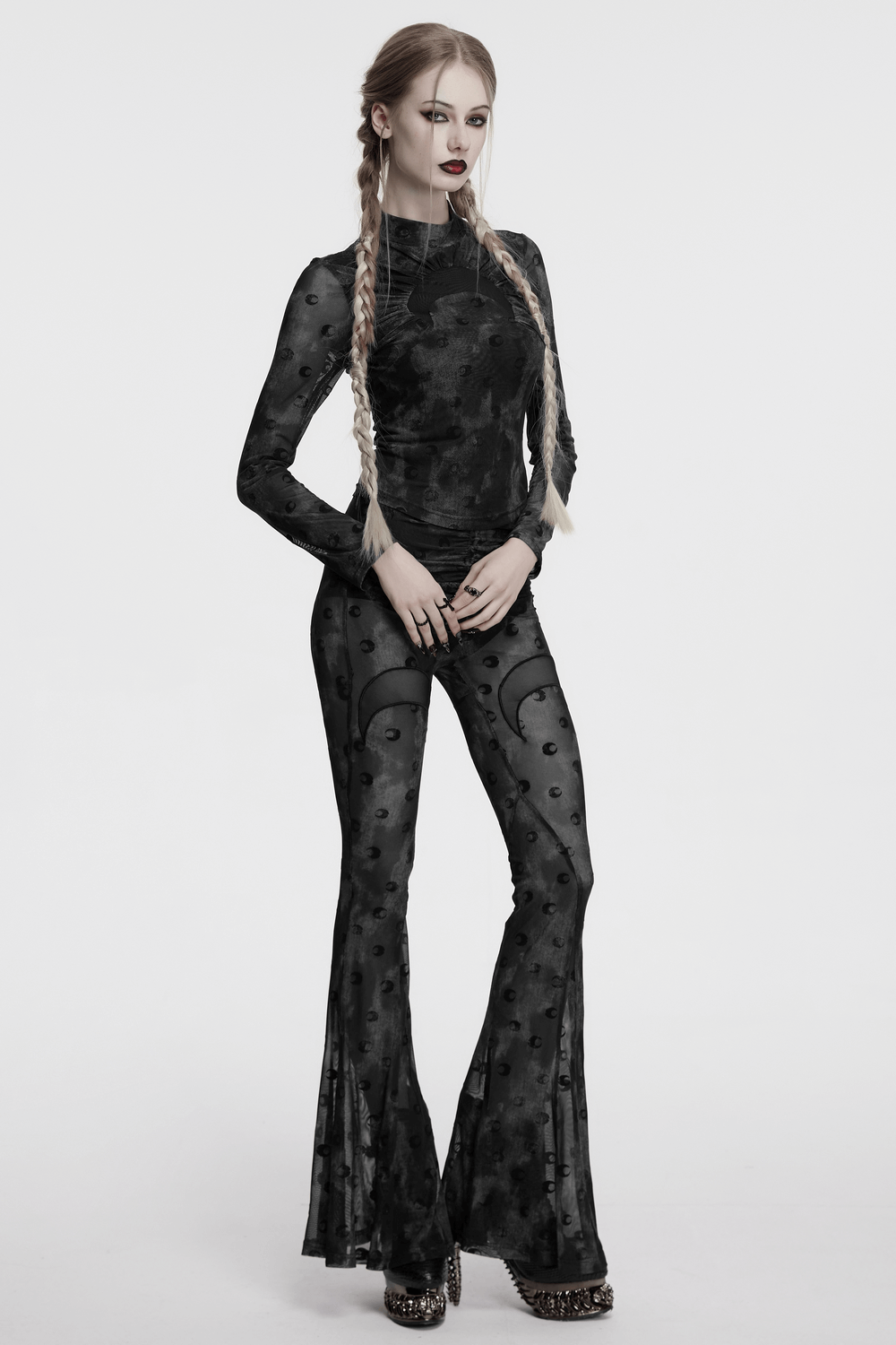 Crescent Moon Mesh Flare Pants with Pleated Waist Strap