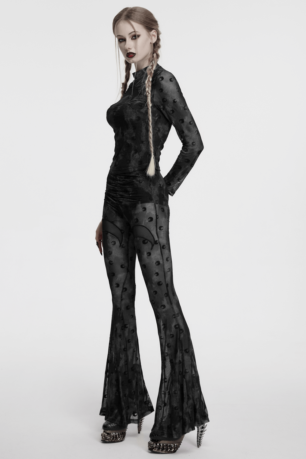 Crescent Moon Mesh Flare Pants with Pleated Waist Strap