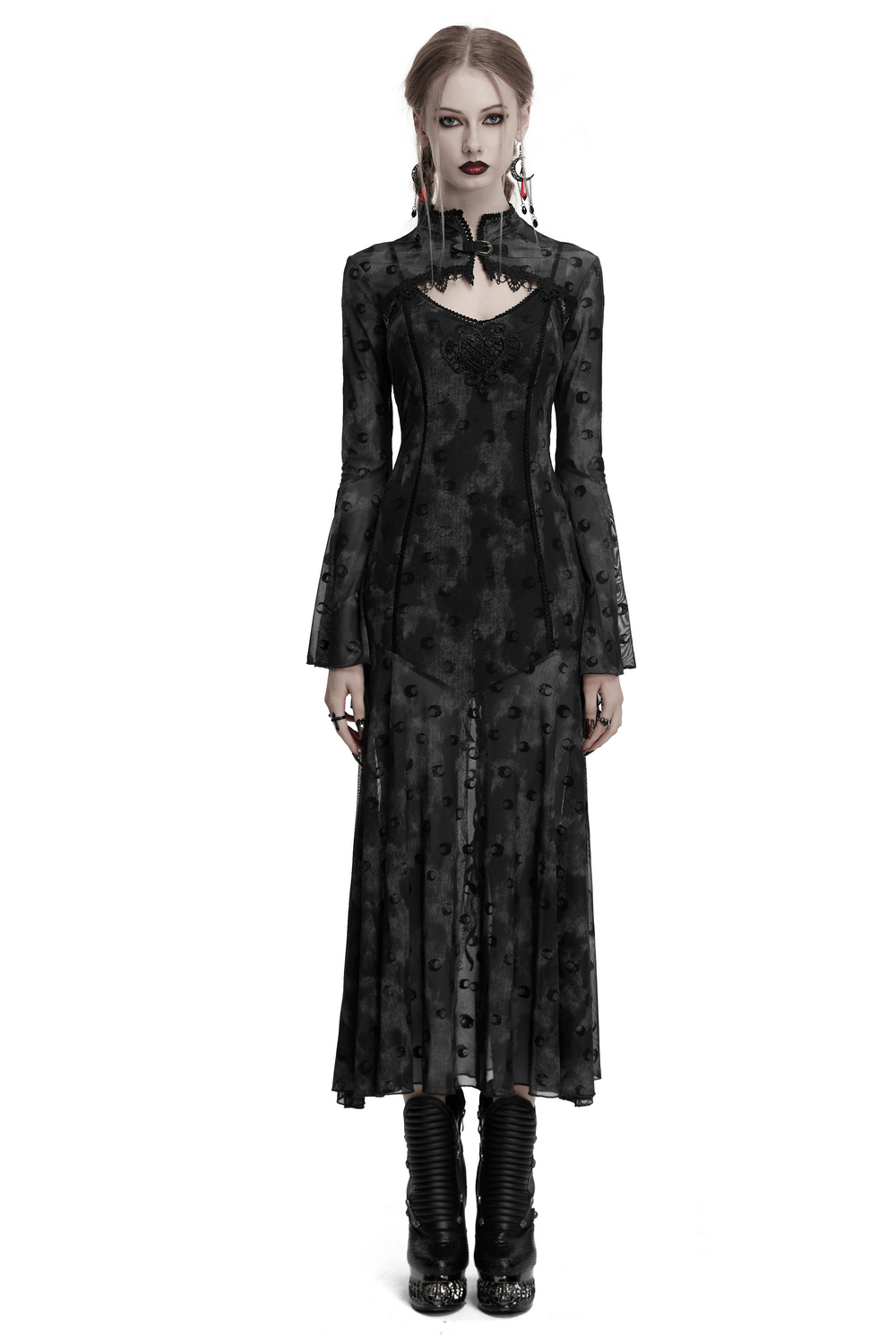 Crescent Print Two-Piece Dress with Layered Gothic Mesh