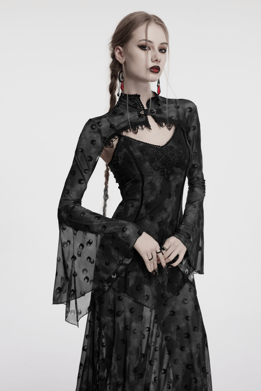 Crescent Print Two-Piece Dress with Layered Gothic Mesh