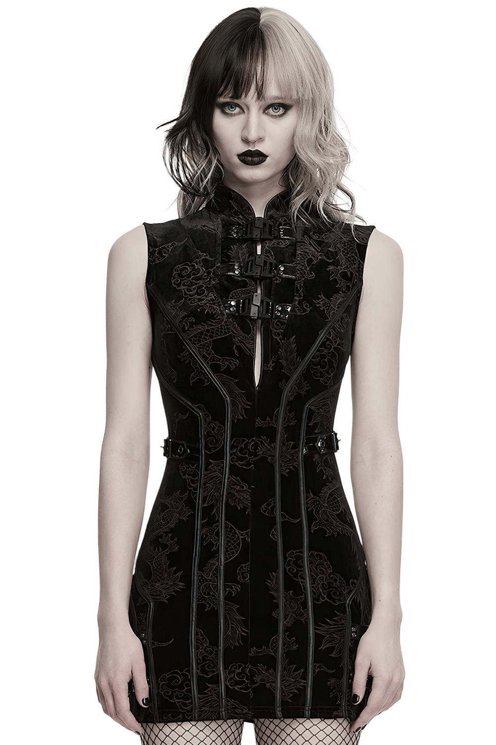 Cyber Chinese Dragon Mini Dress with Buckle Details