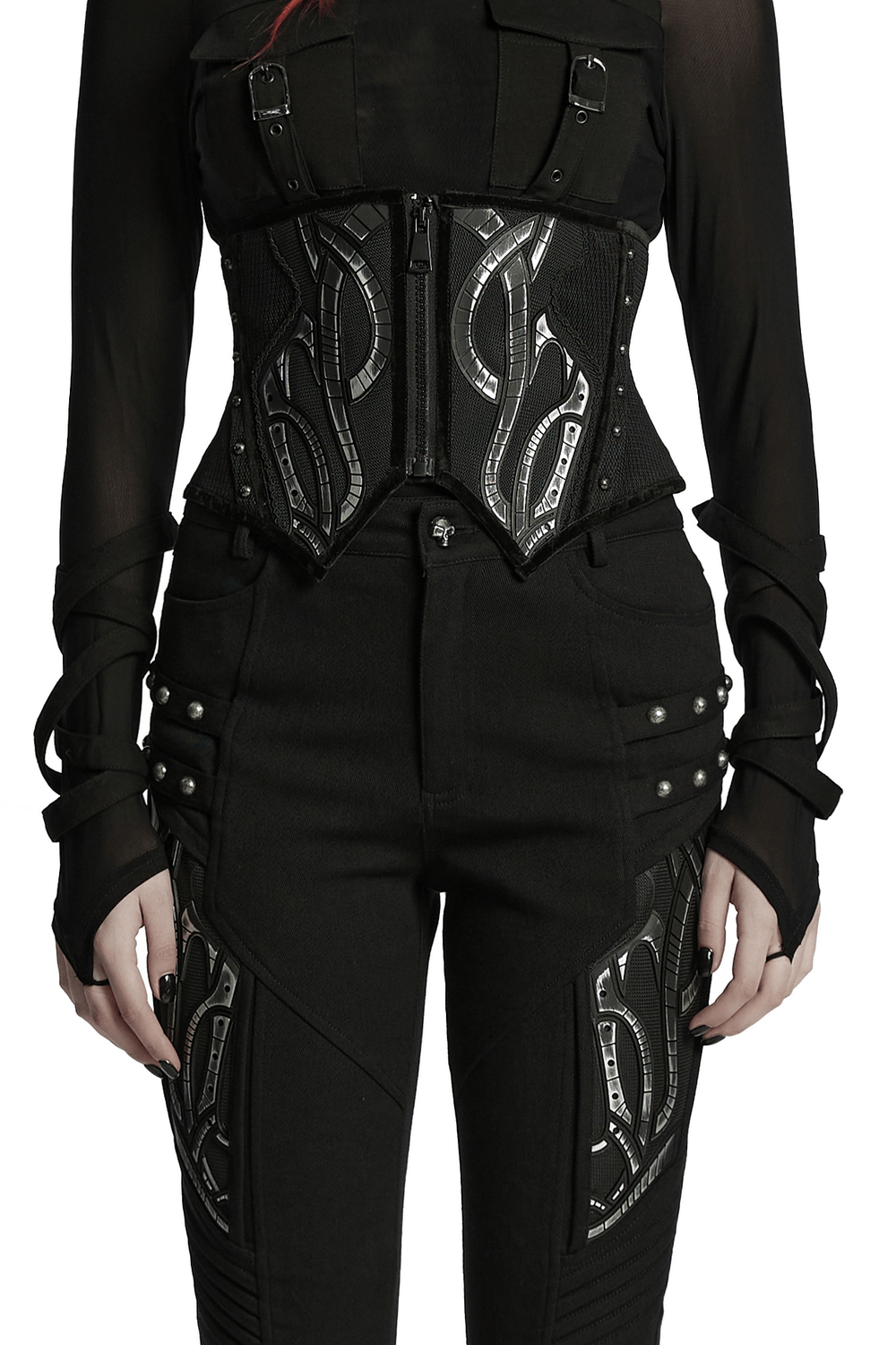 Cyberpunk Corset Belt with Studs and Rubber Panels