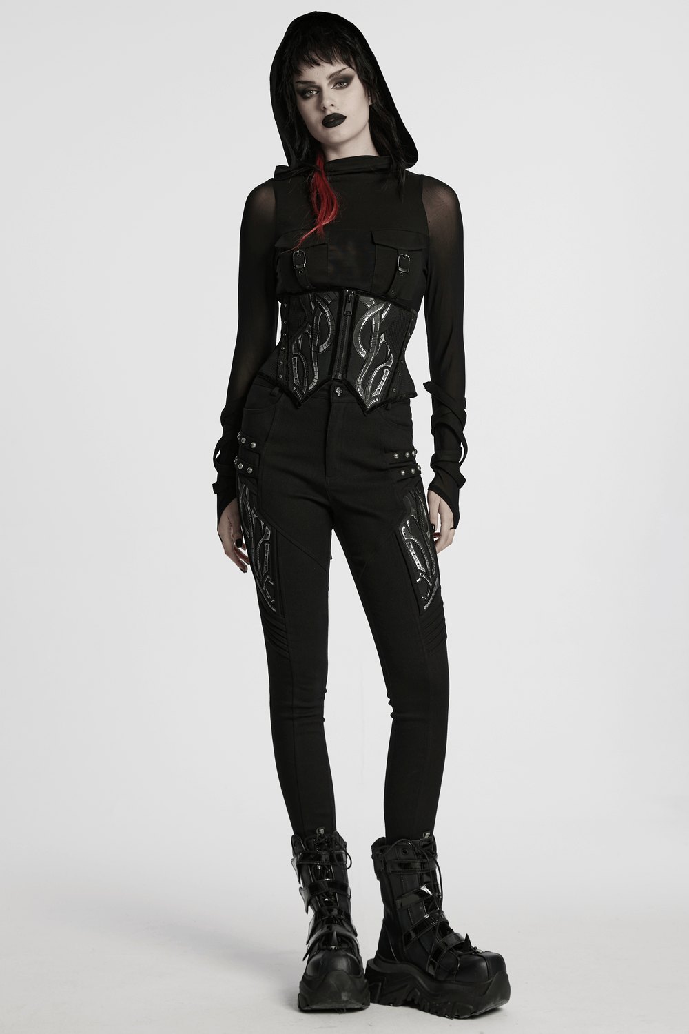 Cyberpunk Corset Belt with Studs and Rubber Panels