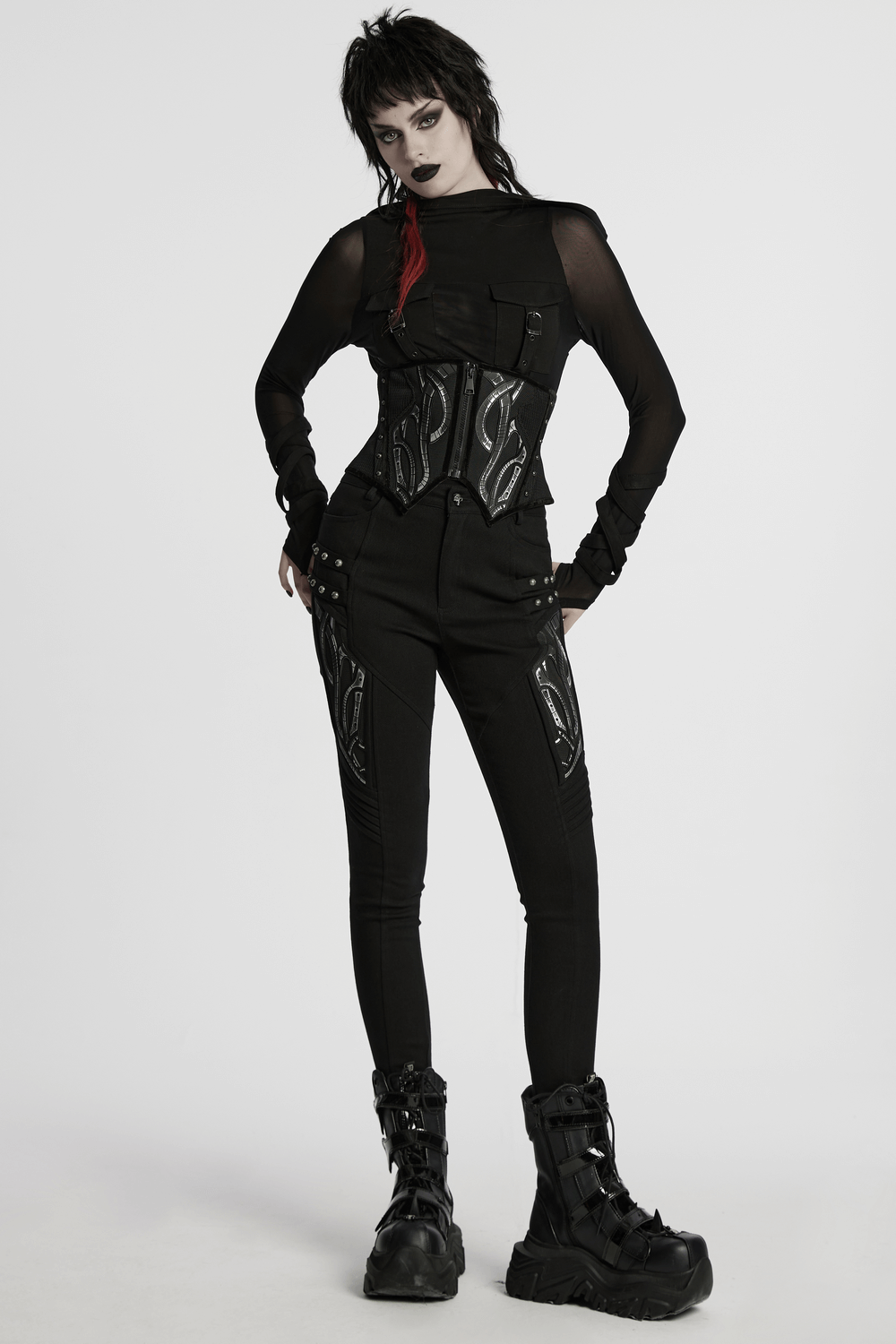 Cyberpunk Corset Belt with Studs and Rubber Panels