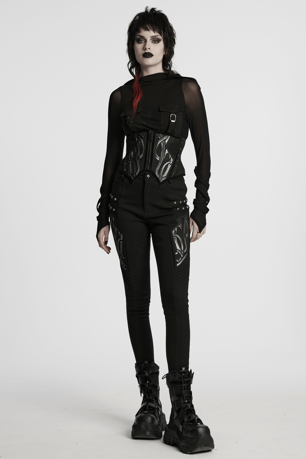 Cyberpunk Corset Belt with Studs and Rubber Panels