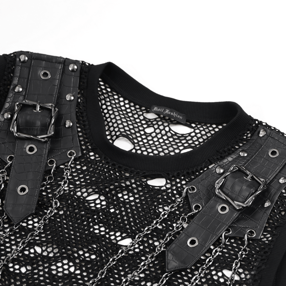 Cyberpunk Distressed Fishnet Top with Buckle Shoulder Straps