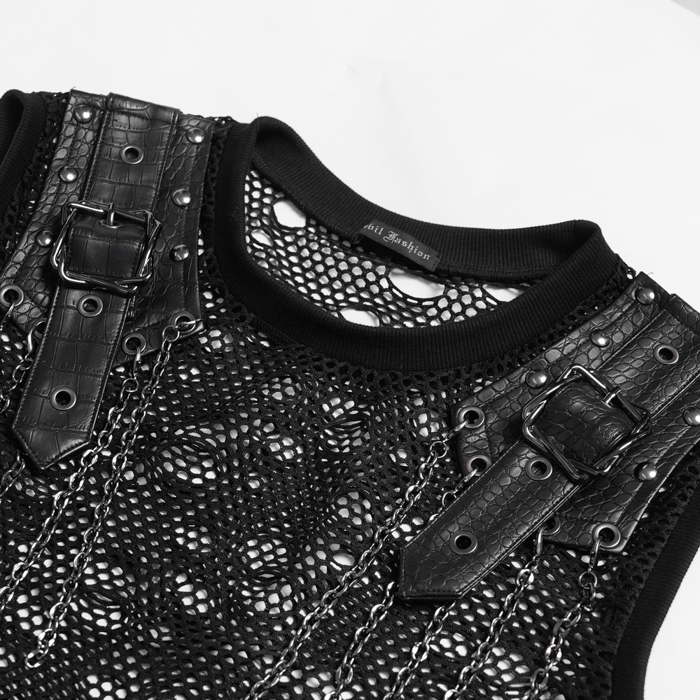 Cyberpunk Distressed Fishnet Top with Buckle Shoulder Straps