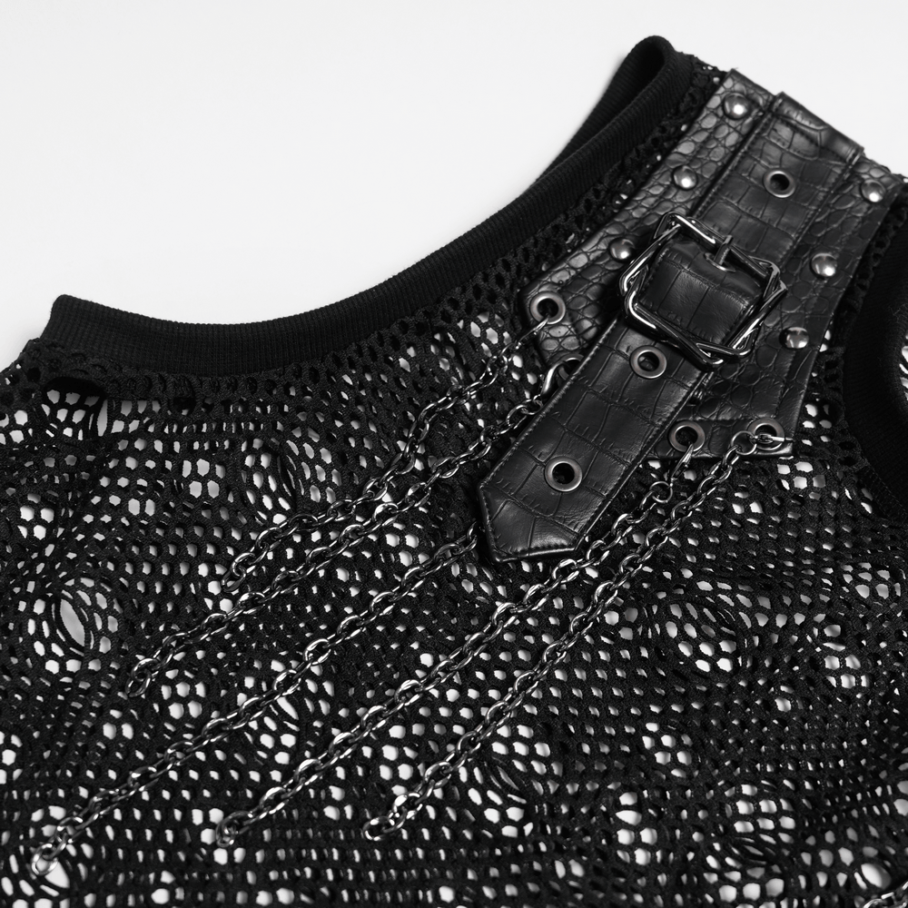 Cyberpunk Distressed Fishnet Top with Buckle Shoulder Straps