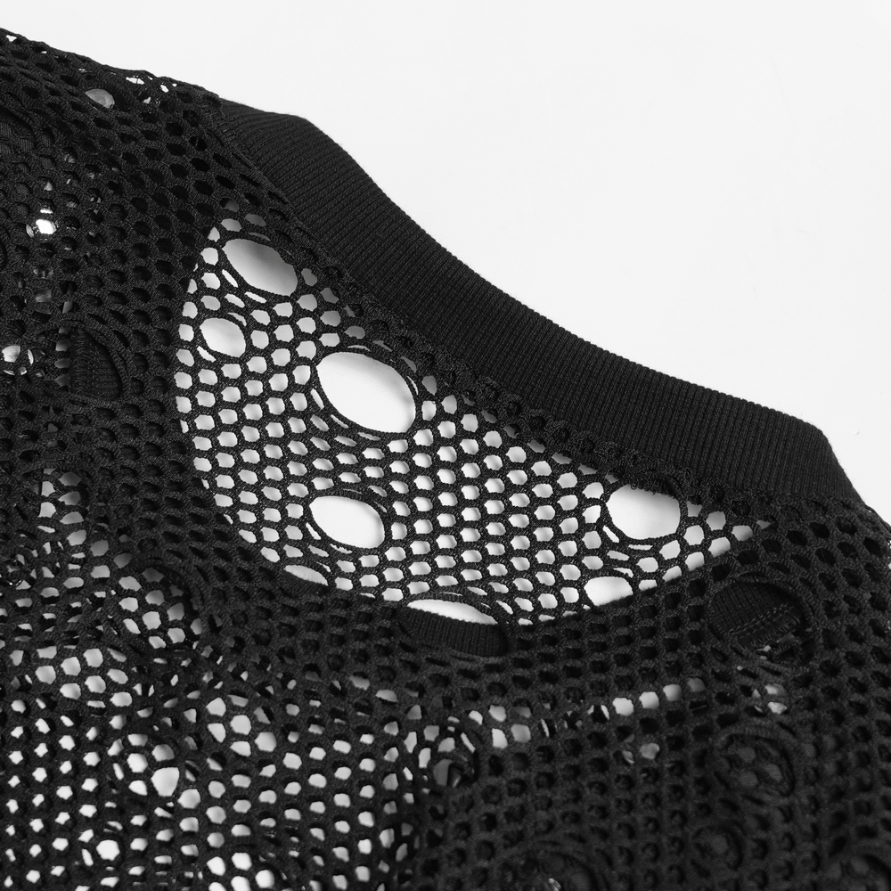 Cyberpunk Distressed Fishnet Top with Buckle Shoulder Straps