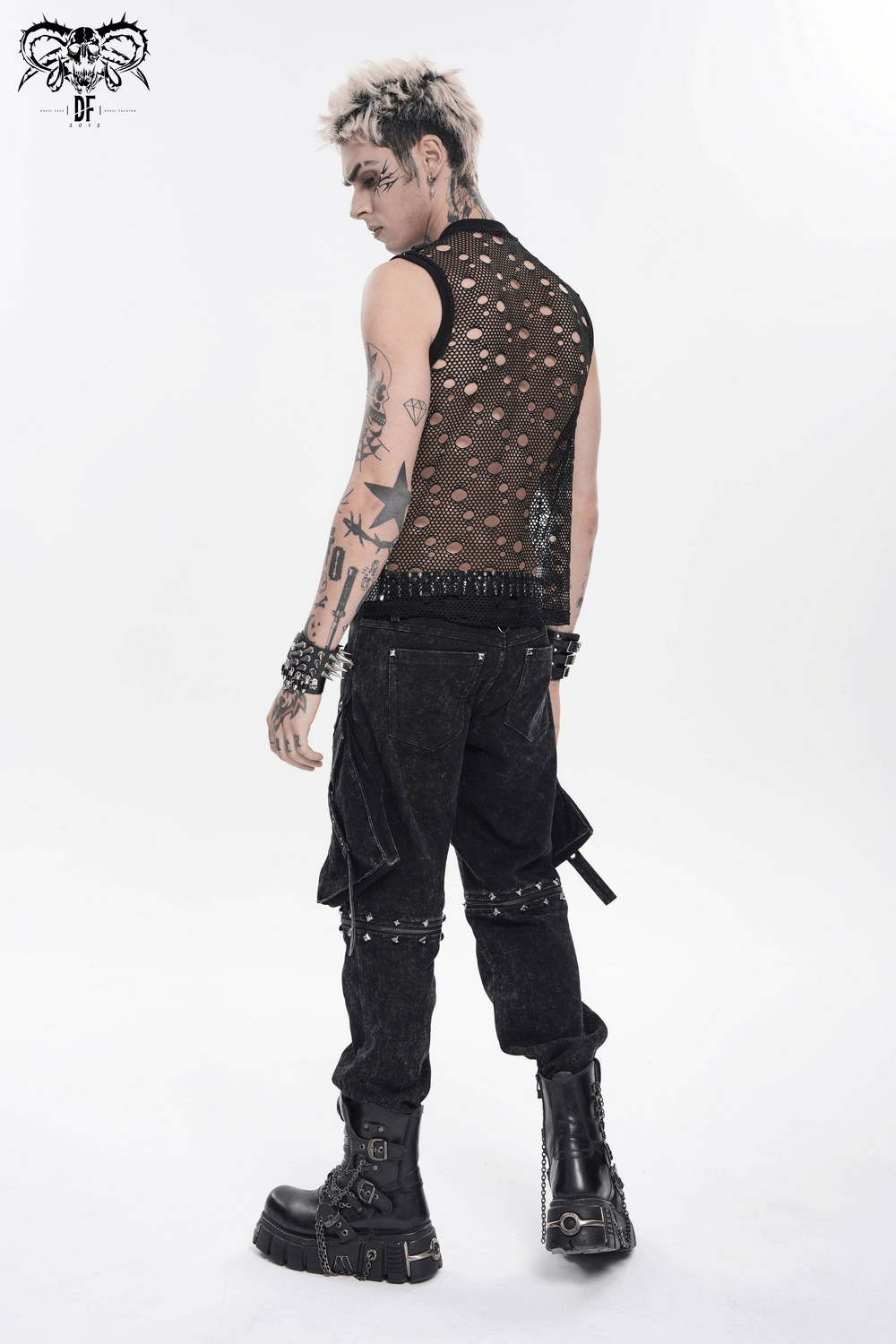 Cyberpunk Distressed Fishnet Top with Buckle Shoulder Straps
