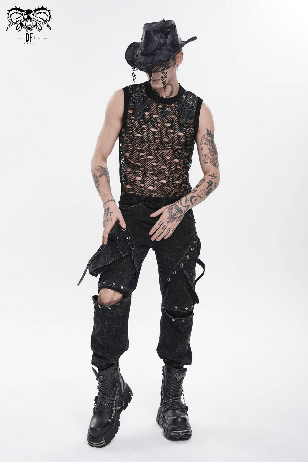 Cyberpunk Distressed Fishnet Top with Buckle Shoulder Straps