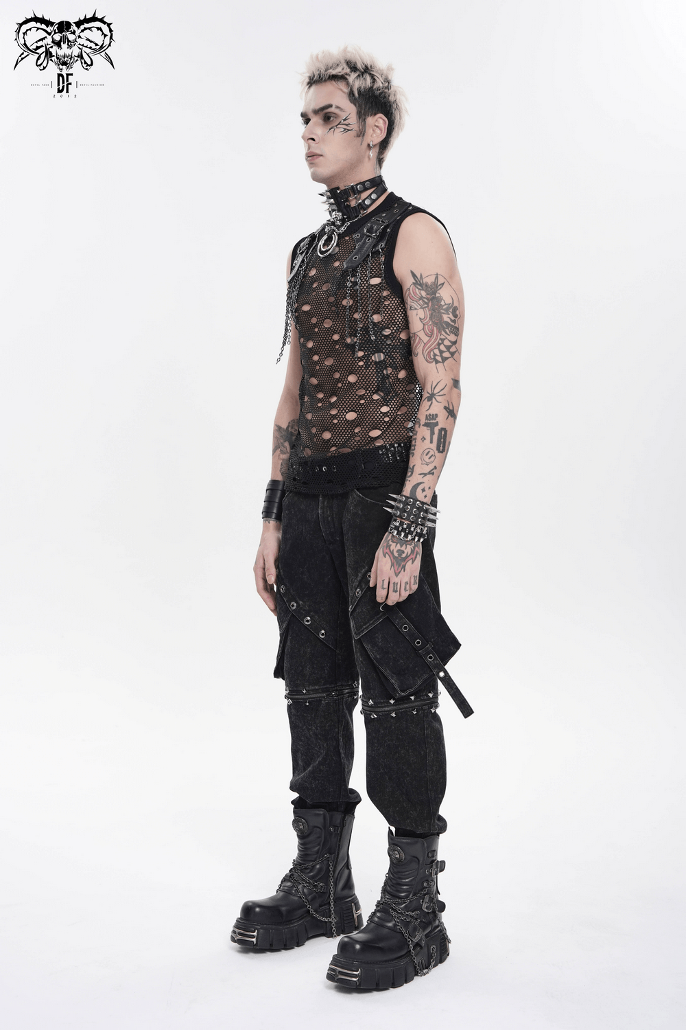 Cyberpunk Distressed Fishnet Top with Buckle Shoulder Straps