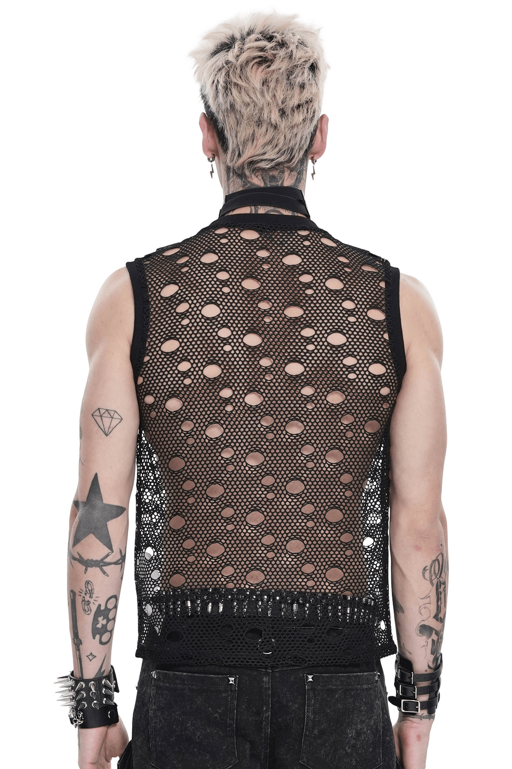 Cyberpunk Distressed Fishnet Top with Buckle Shoulder Straps