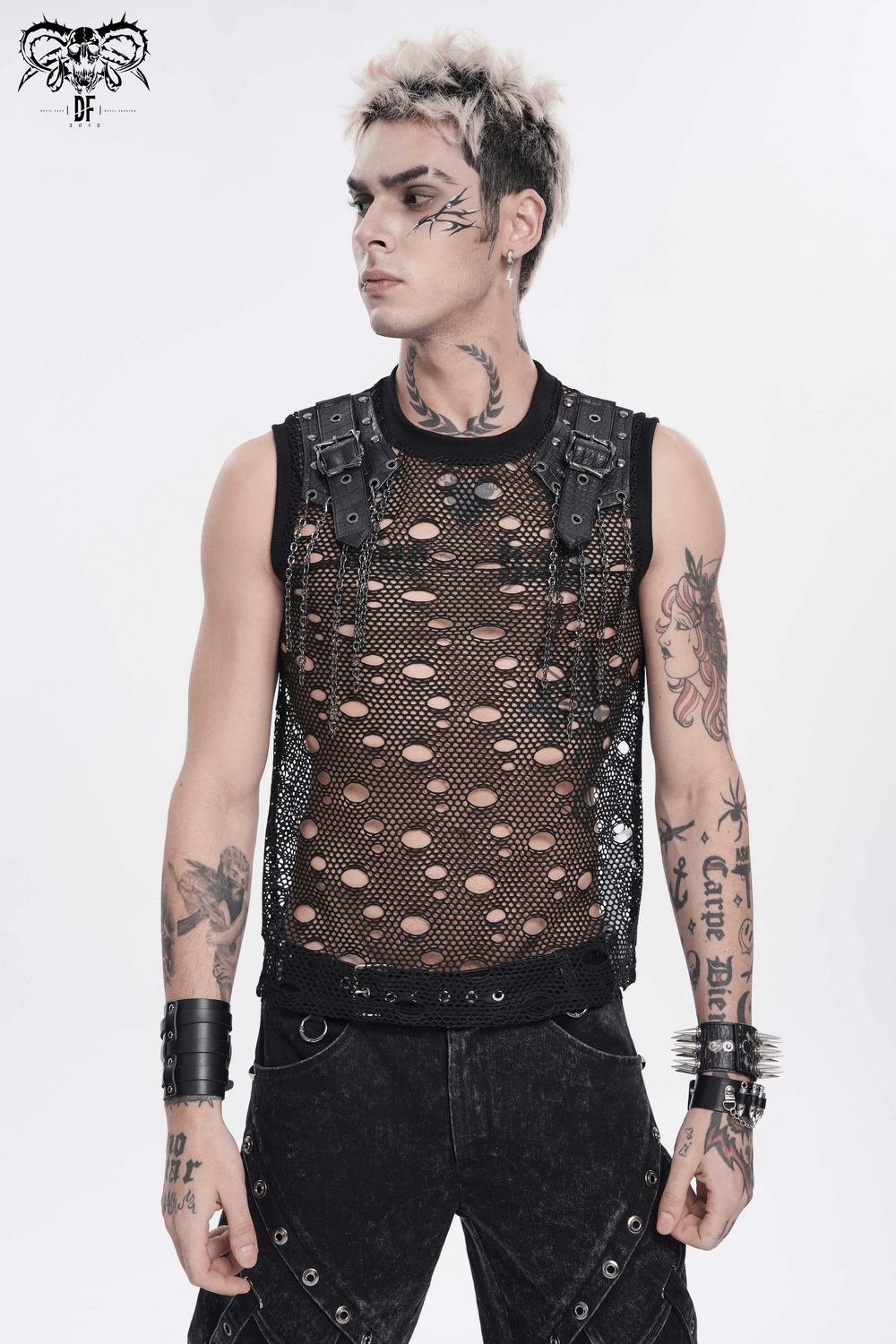 Cyberpunk Distressed Fishnet Top with Buckle Shoulder Straps