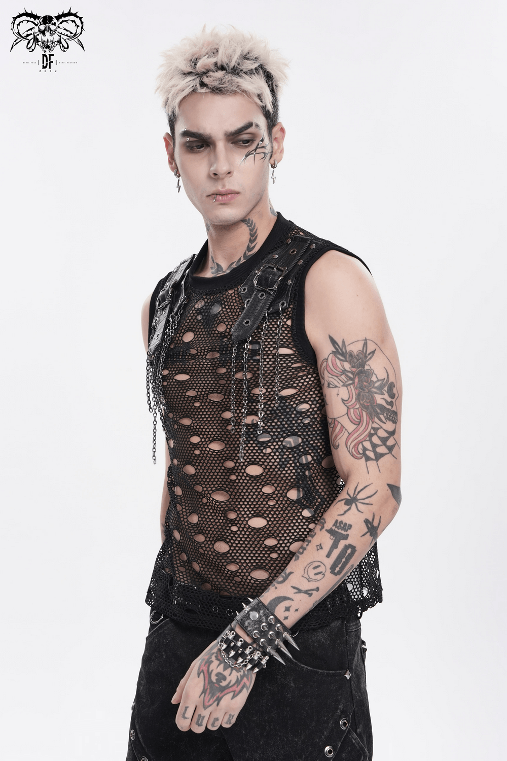 Cyberpunk Distressed Fishnet Top with Buckle Shoulder Straps