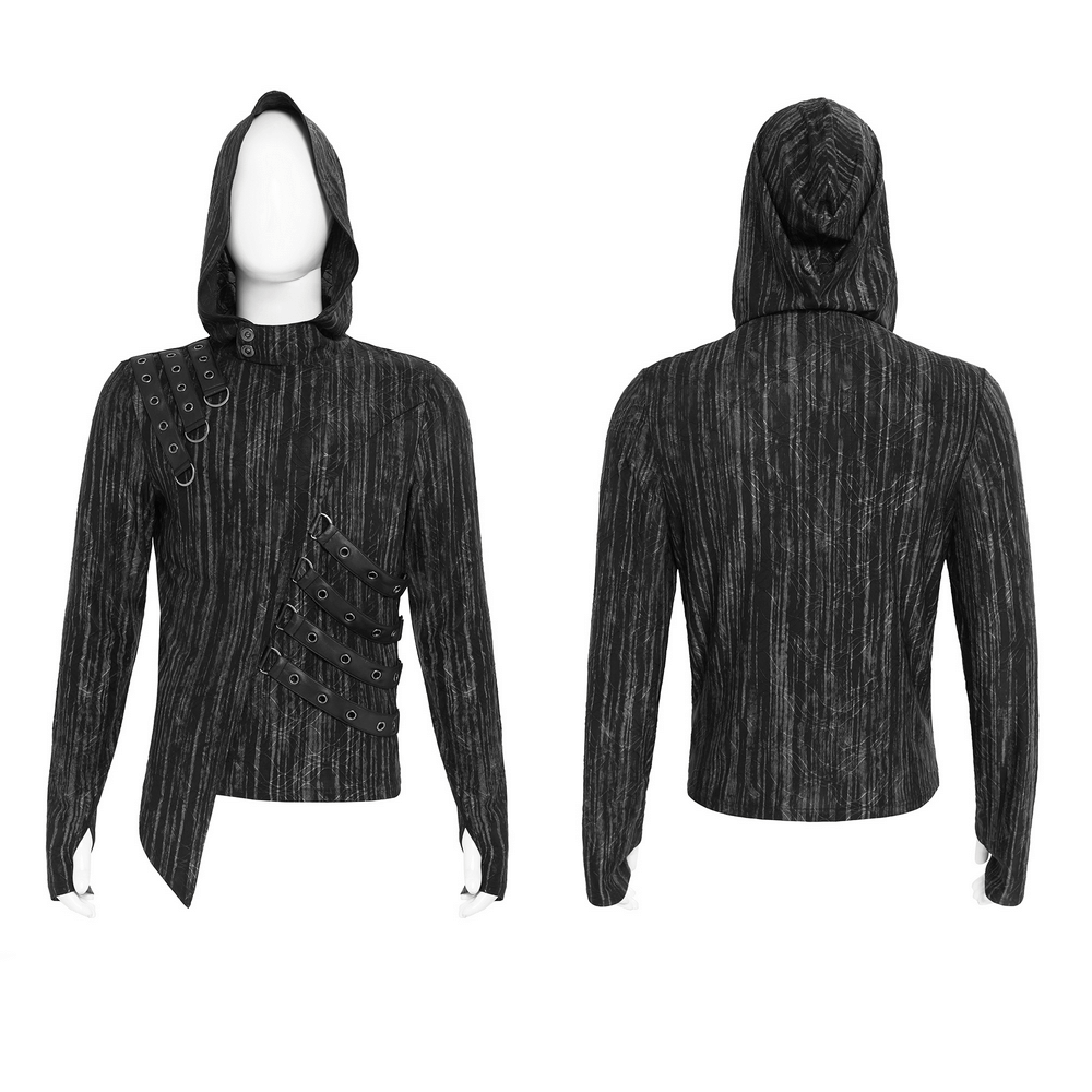 Cyberpunk Hooded Top with Straps and Asymmetric Hem