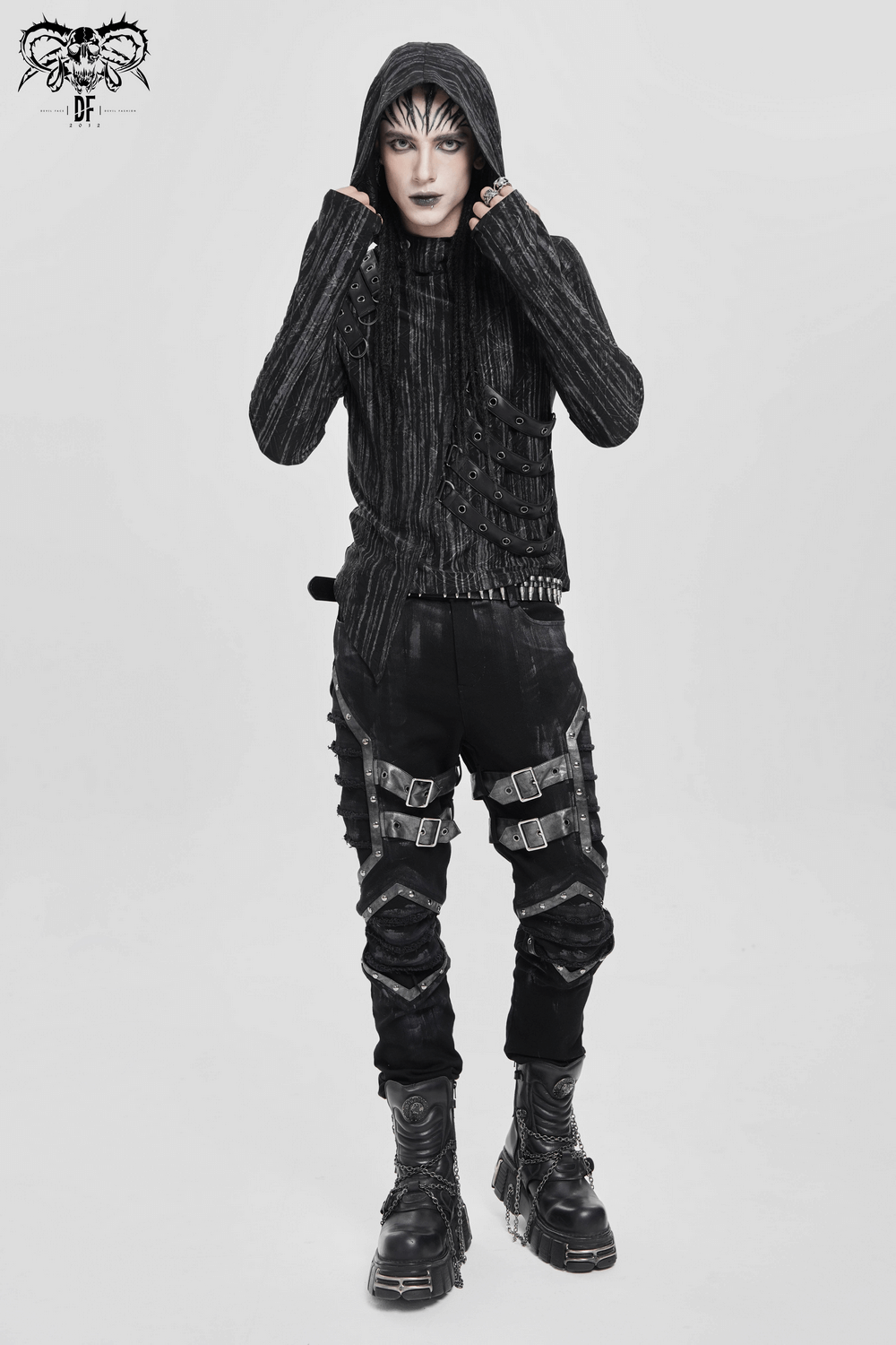 Cyberpunk Hooded Top with Straps and Asymmetric Hem