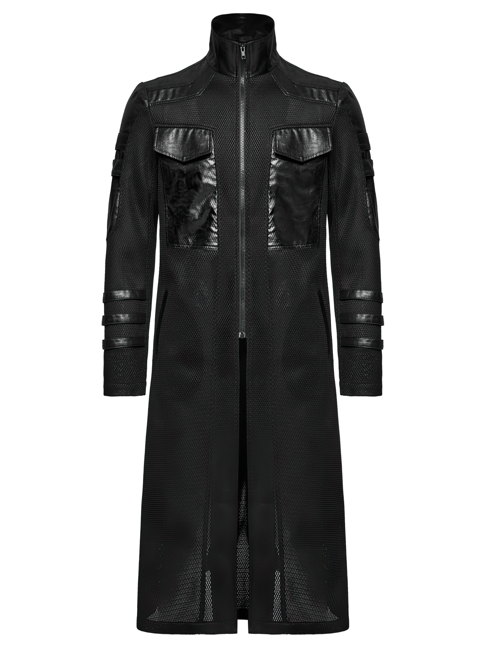 Cyberpunk Mesh and Twill Woven Coat with Decorative Straps