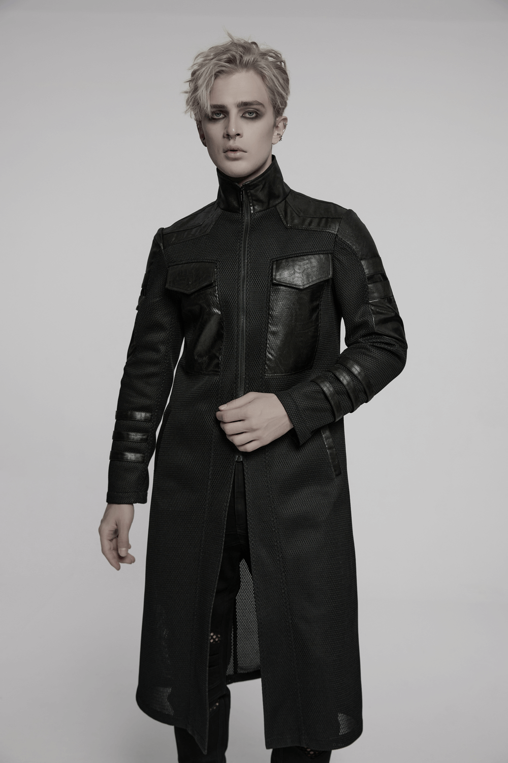 Cyberpunk Mesh and Twill Woven Coat with Decorative Straps
