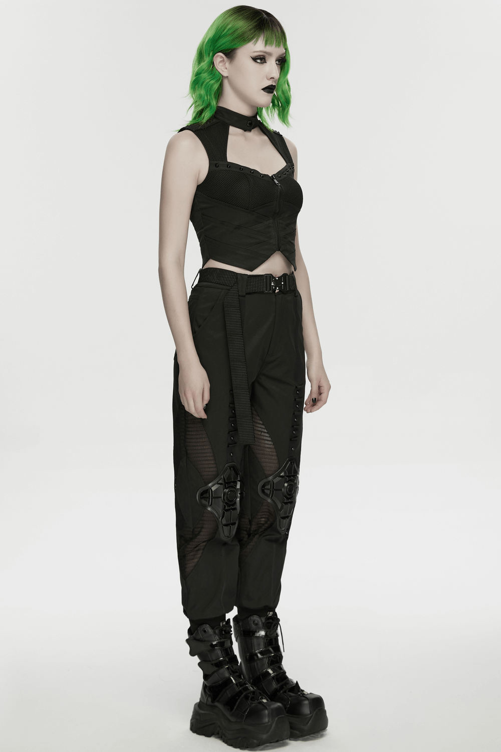 Cyberpunk Mesh Halter Top with Studs and Zipper
