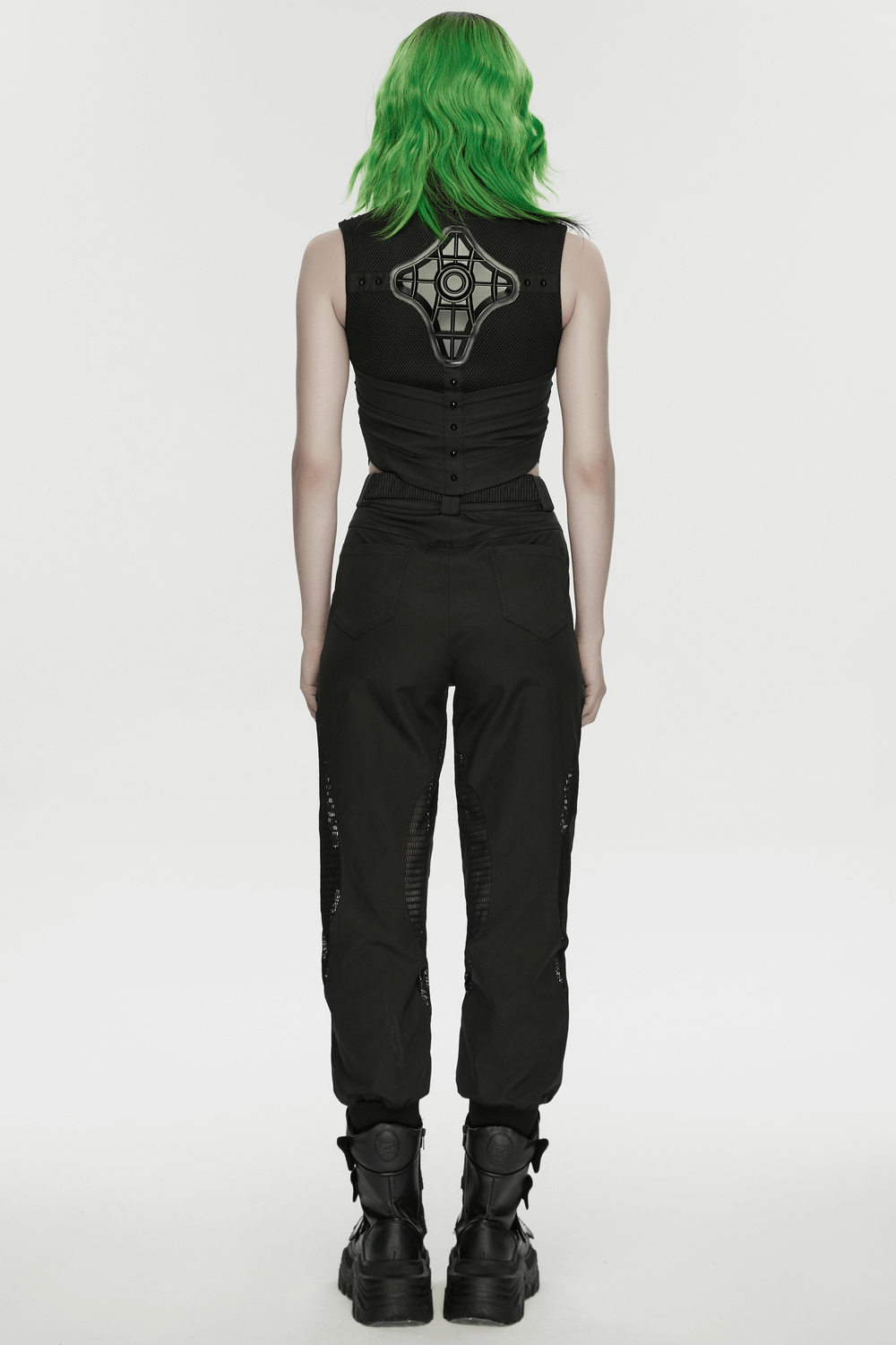 Cyberpunk Mesh Halter Top with Studs and Zipper