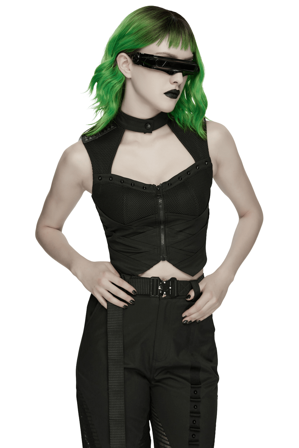 Cyberpunk Mesh Halter Top with Studs and Zipper