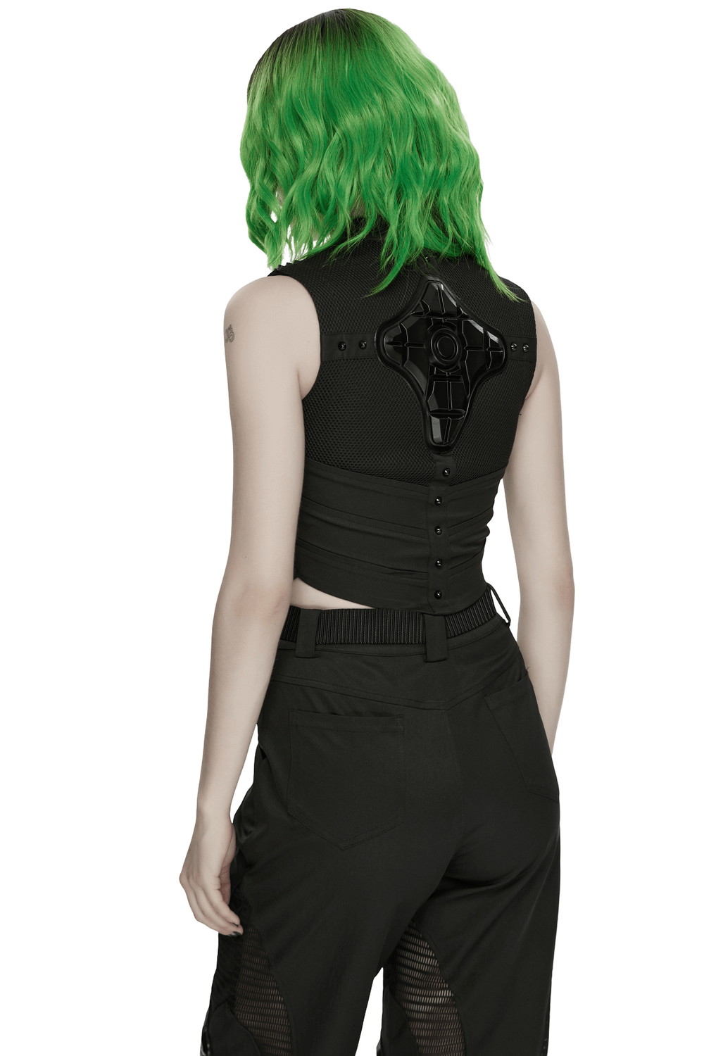 Cyberpunk Mesh Halter Top with Studs and Zipper