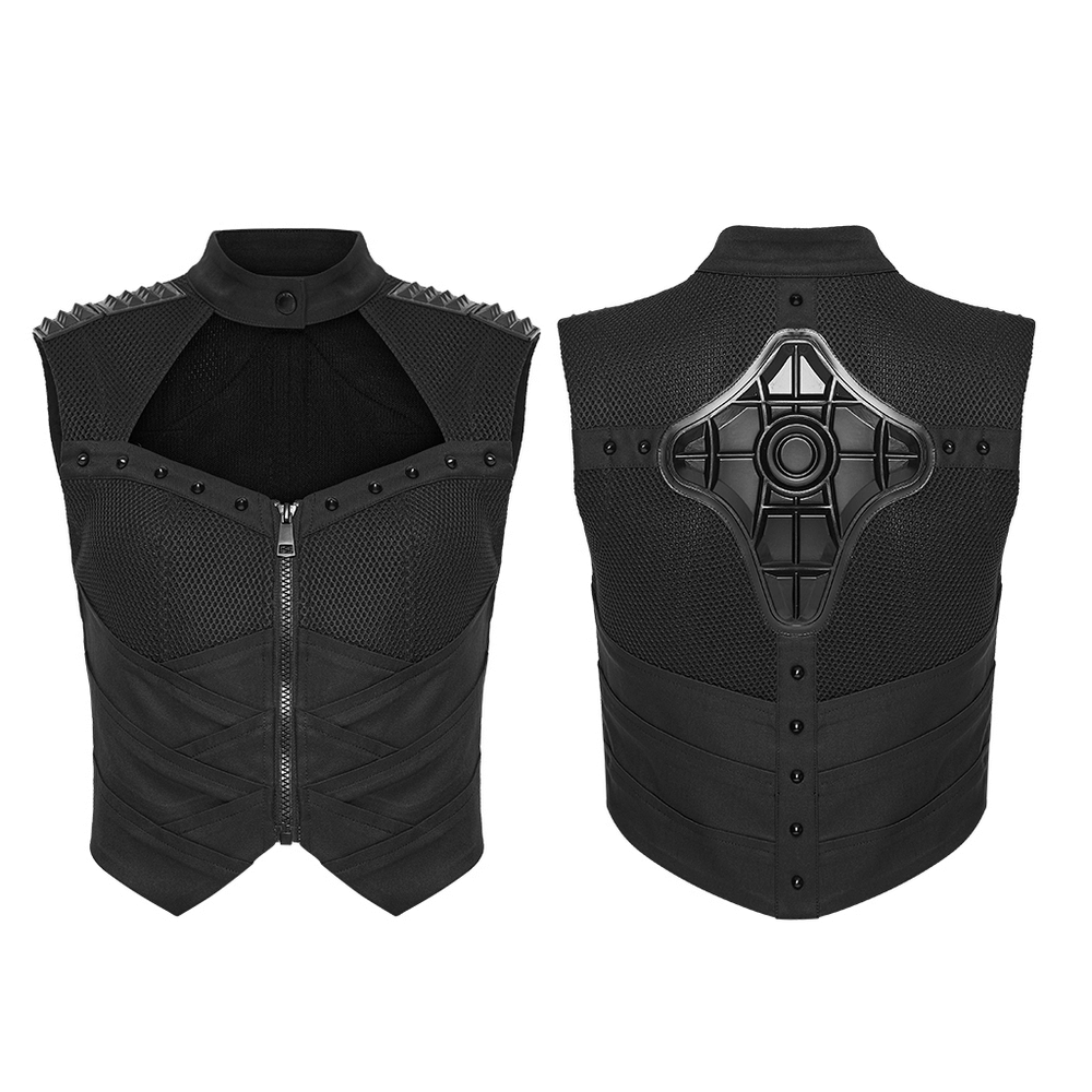 Cyberpunk Mesh Halter Top with Studs and Zipper