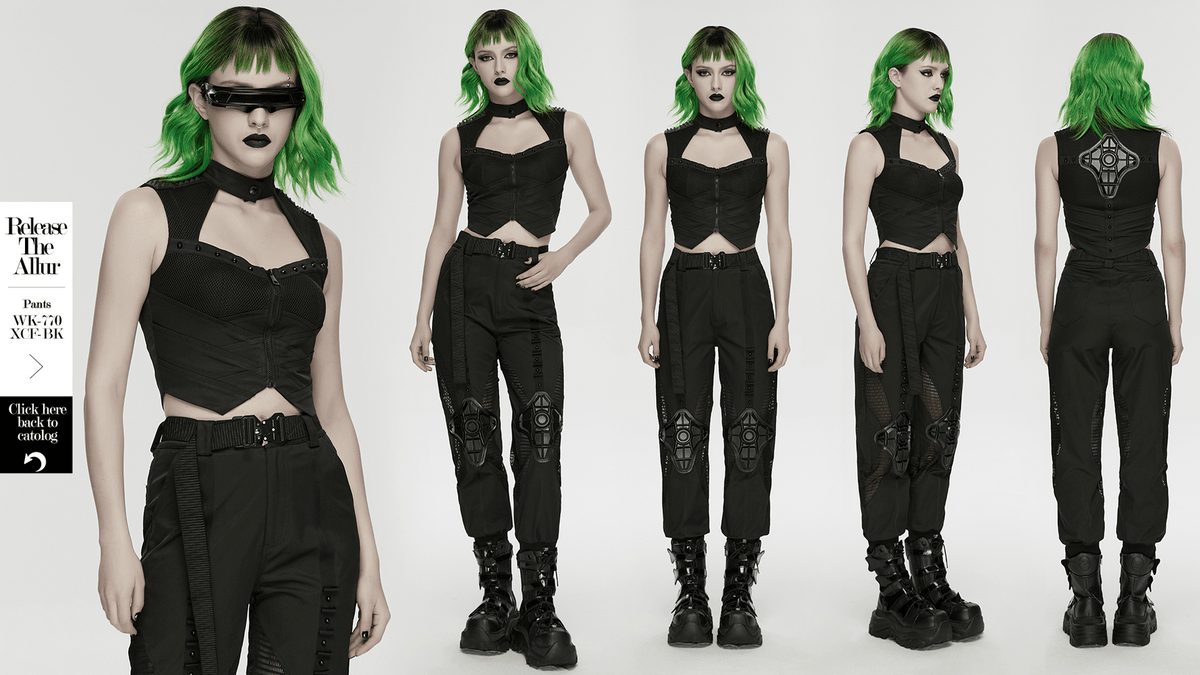 Cyberpunk Mesh Halter Top with Studs and Zipper