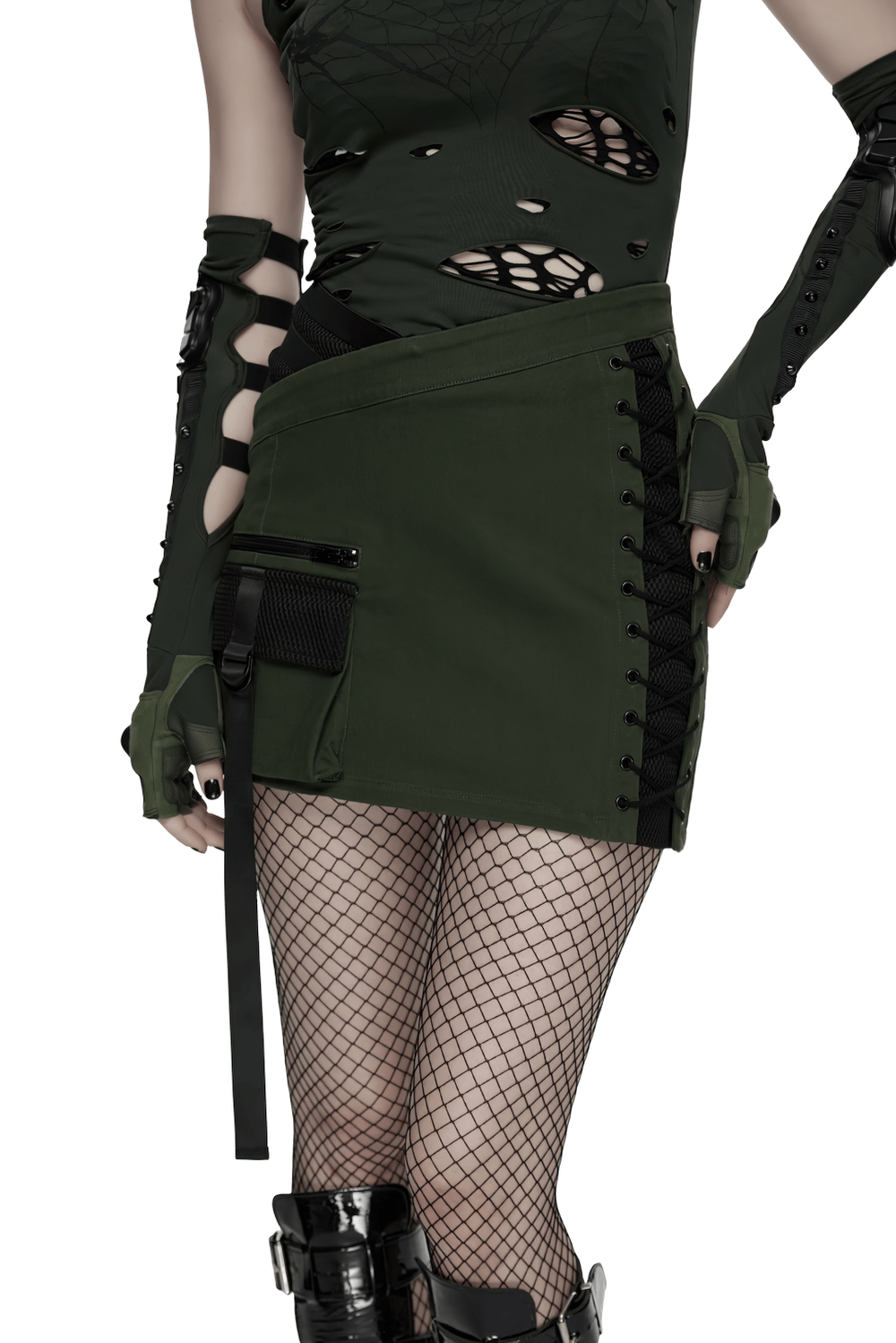 Cyberpunk Tactical Mini Skirt With Lace Up and Pockets