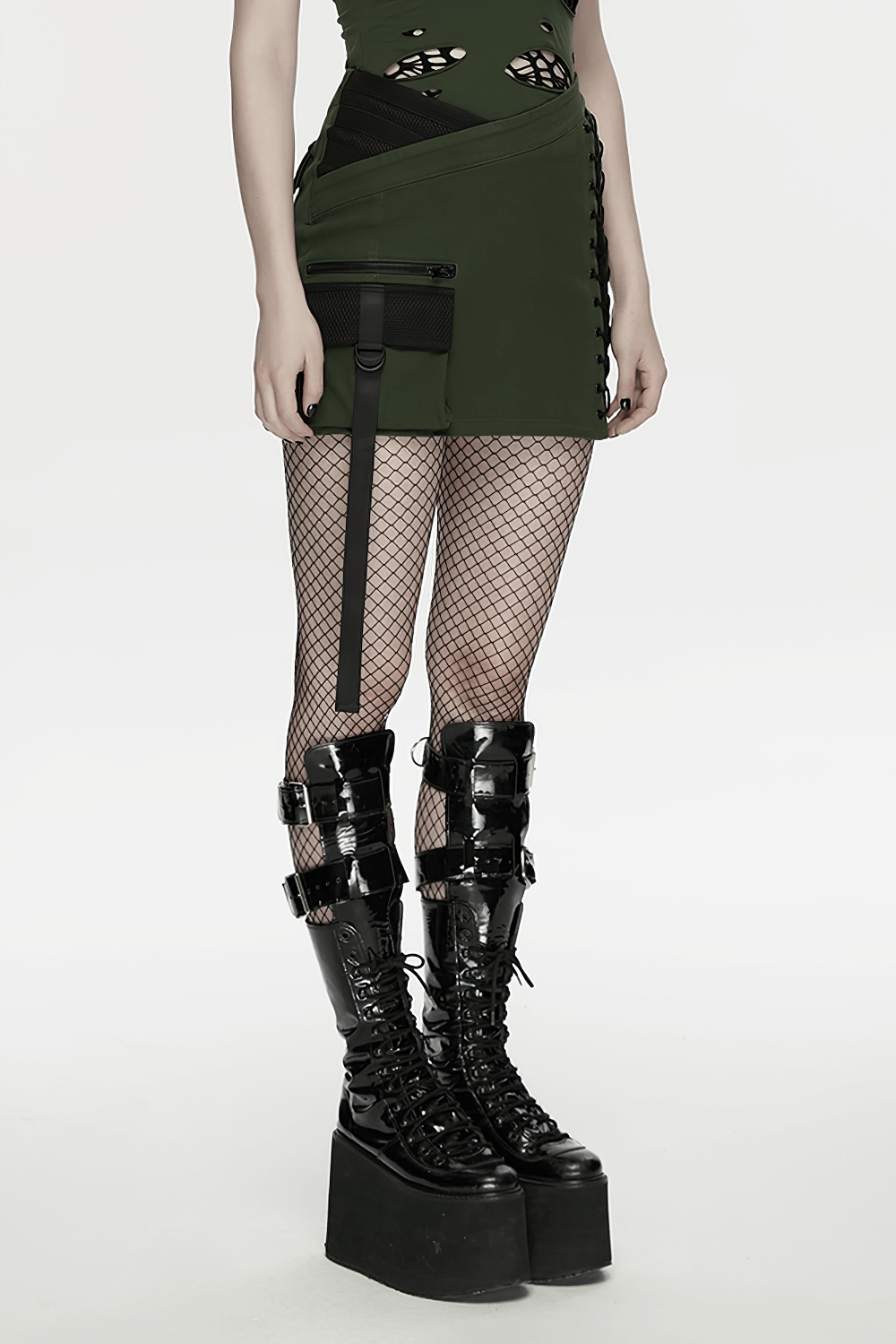 Cyberpunk Tactical Mini Skirt With Lace Up and Pockets