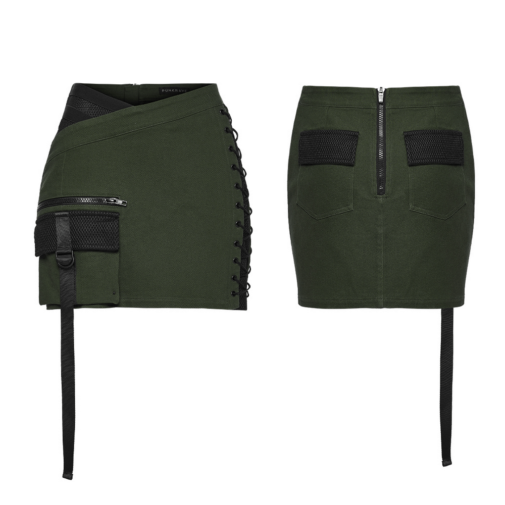 Cyberpunk Tactical Mini Skirt With Lace Up and Pockets