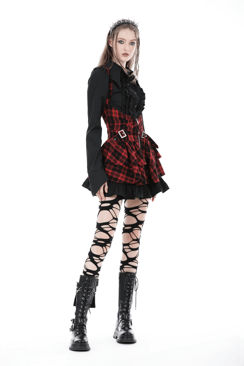 US SALE of Dark Gothic Buttons Ruffle Blouse With Long Sleeves