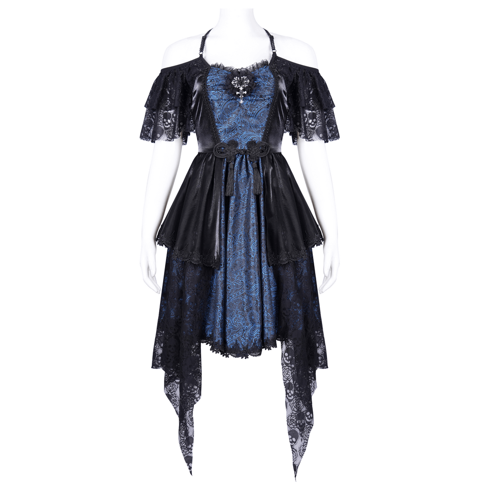 Gothic Lace and Satin Off-Shoulder Dress with Cross Detail