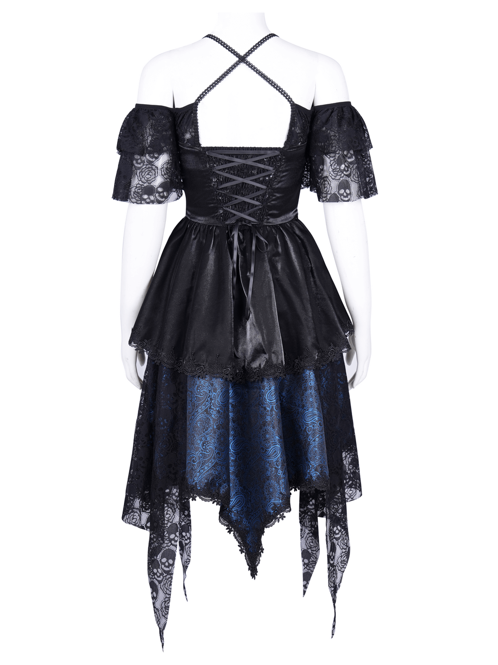Gothic Lace and Satin Off-Shoulder Dress with Cross Detail