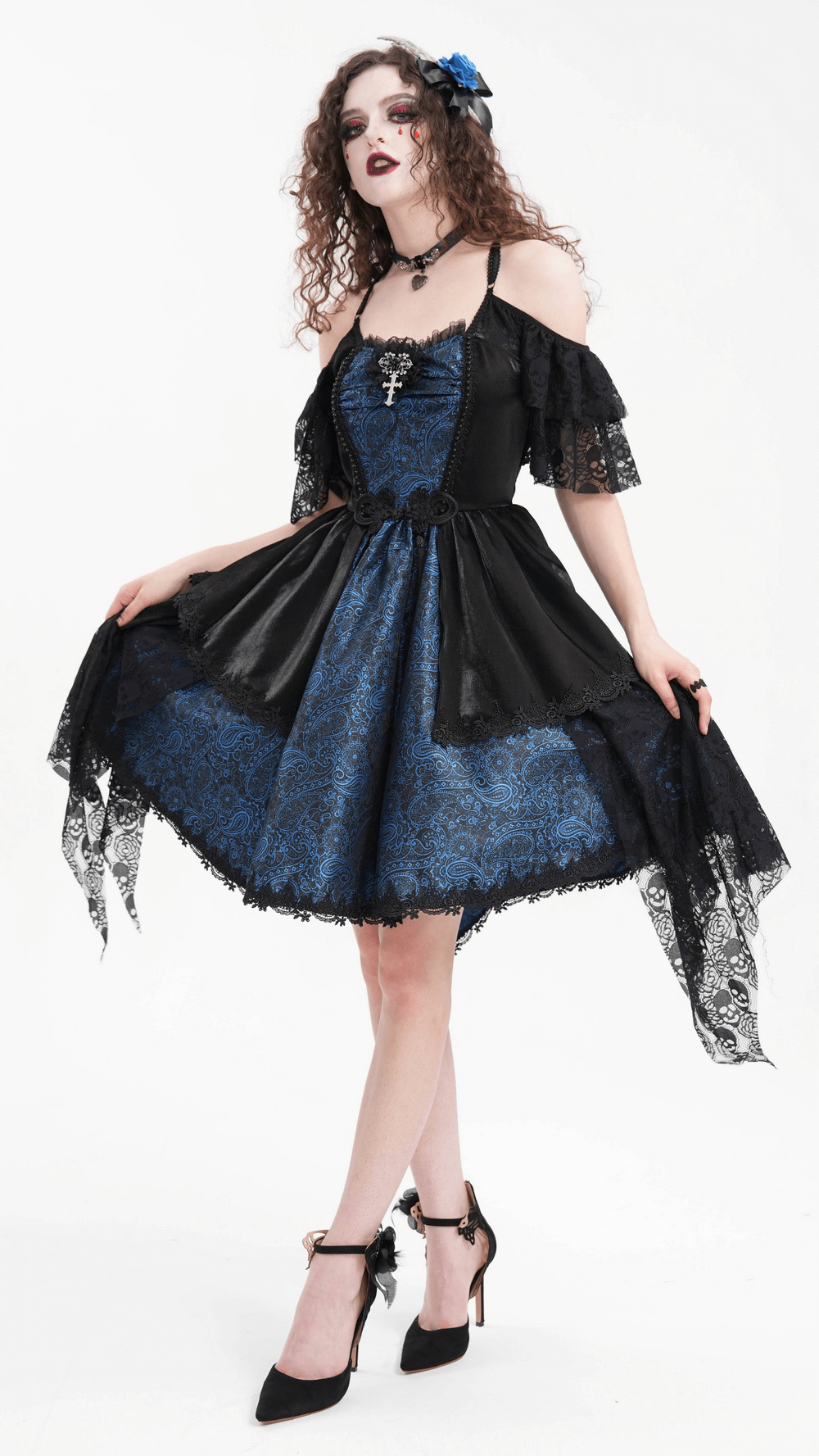 Gothic Lace and Satin Off-Shoulder Dress with Cross Detail