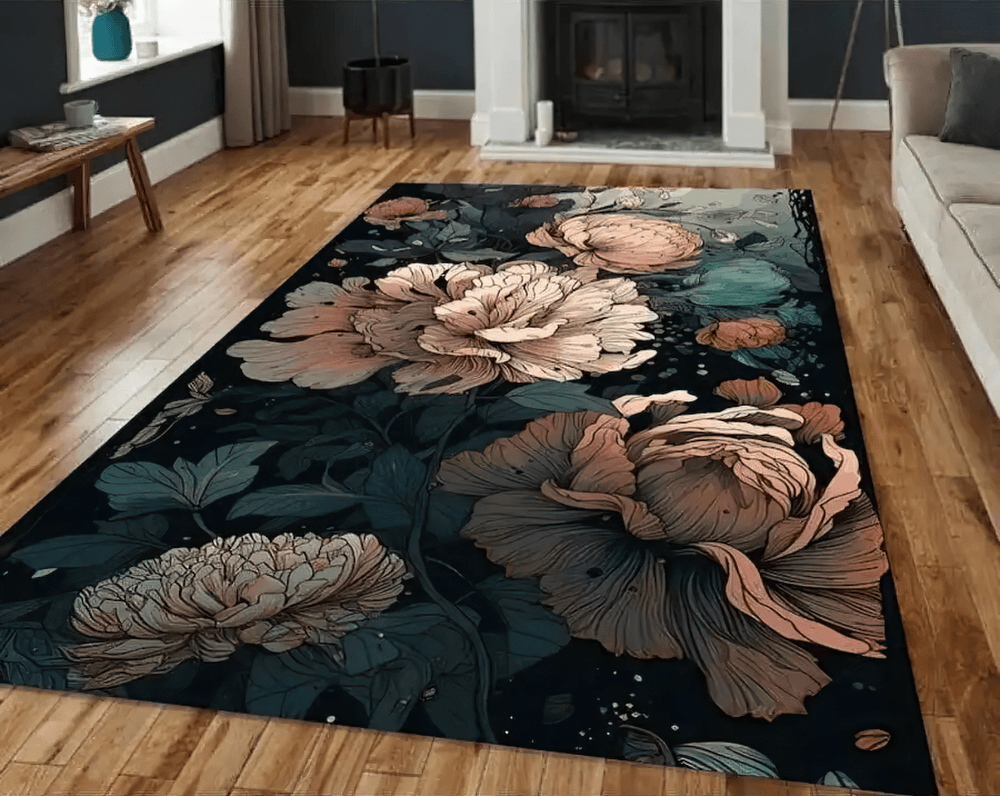 Dark Peony Floral Area Rug for Gothic Living Room